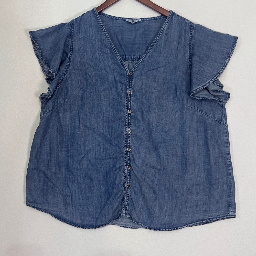 Velvet Heart Blue Tencel Chambray Ruffle Sleeve Button Front Top V-Neck 1X